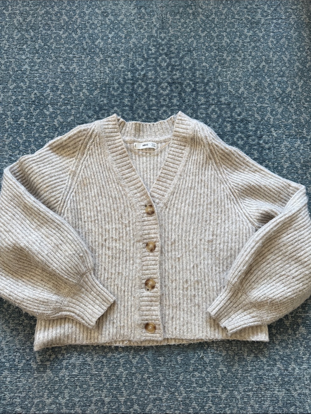 Mango Beige Ribbed V-Neck Button Cardigan